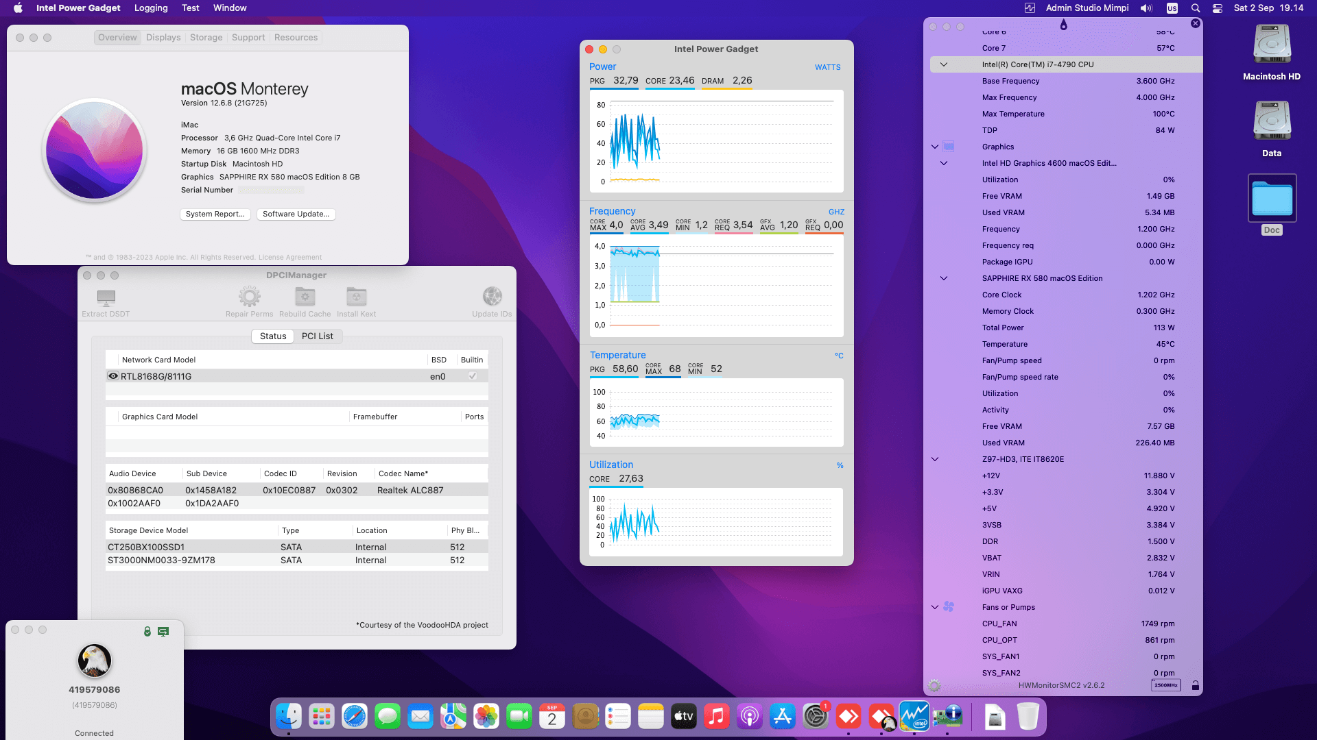 Success Hackintosh macOS Monterey 12.6.8 Build 21G725 in Gigabyte GA-Z97-HD3 + Intel Core i7 4790 + Sapphire Pulse RX 580